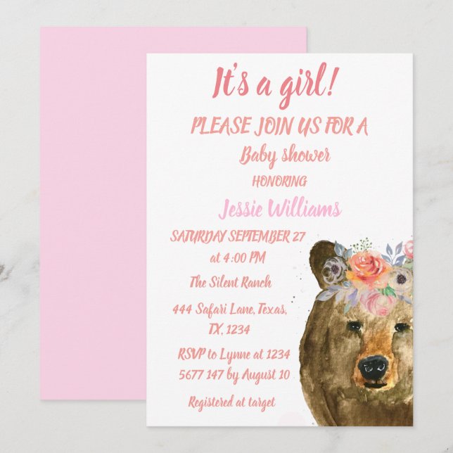 Cute Bear Woodland  Animals Pink Floral Baby Girl Invitation (Front/Back)