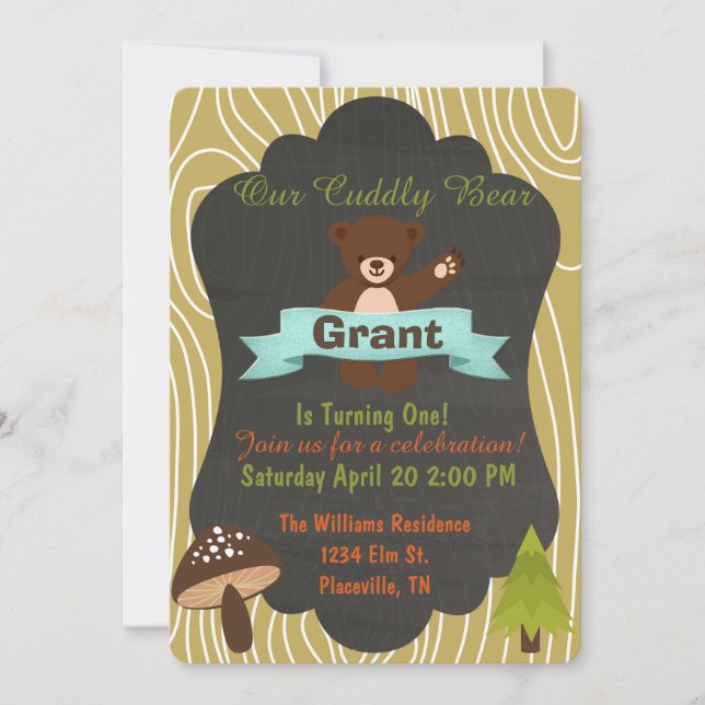 Cute bear Woodland birthday party invitation 4 (Front)