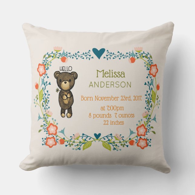 Cute Bear,  Yellow Flower & Floral Wreath Birth Cushion (Front)