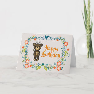 Cute Bear, Yellow Flower & Floral Wreath Birthday Card
