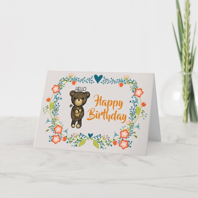 Cute Bear, Yellow Flower & Floral Wreath Birthday Card (Front)