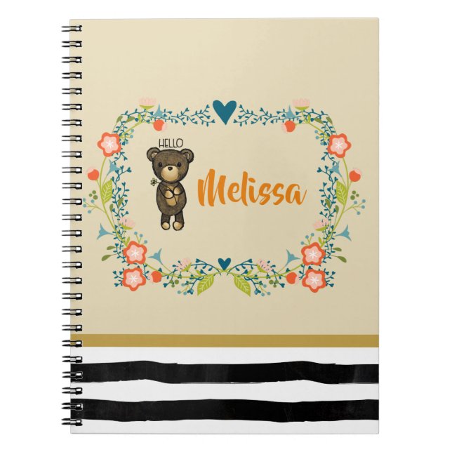 Cute Bear, Yellow Flower & Floral Wreath Custom Notebook (Front)