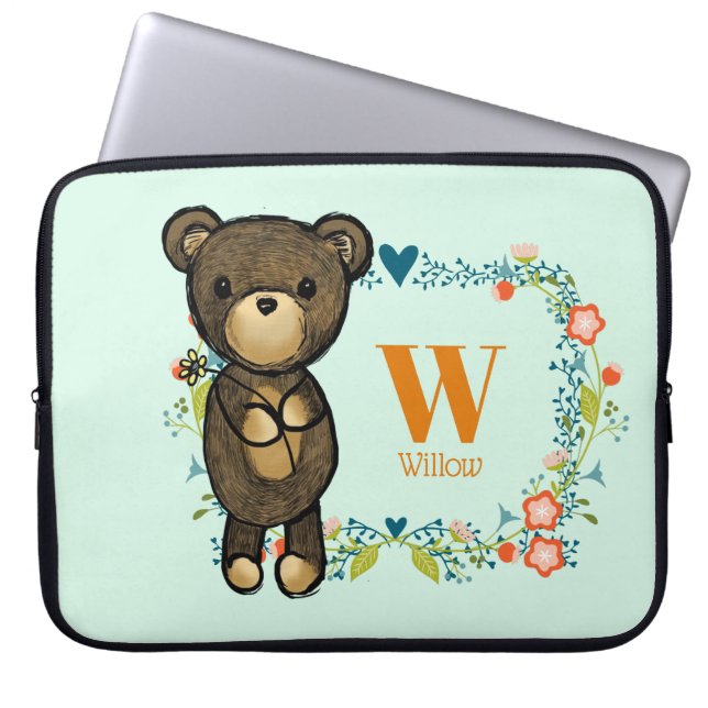 Cute Bear, Yellow Flower & Floral Wreath Monogram Laptop Sleeve (Front)