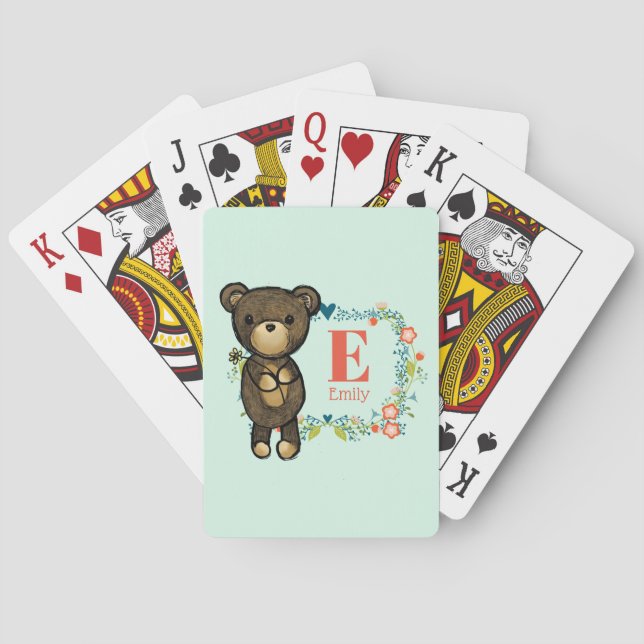 Cute Bear, Yellow Flower & Floral Wreath Monogram Playing Cards (Back)