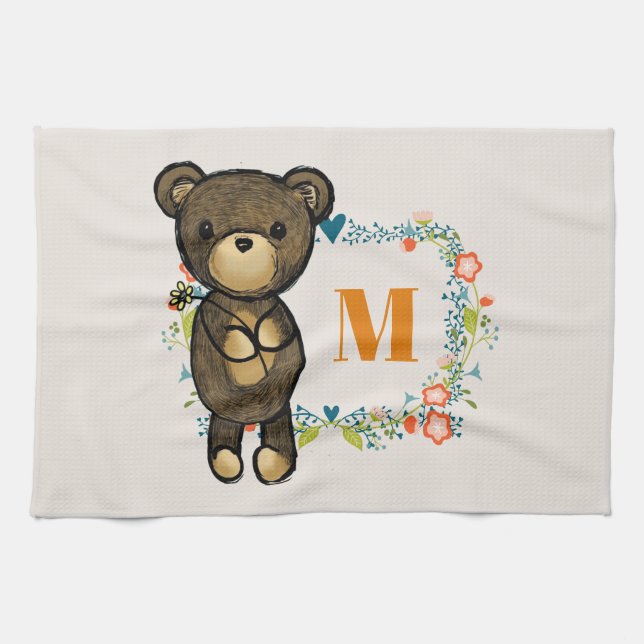 Cute Bear, Yellow Flower & Floral Wreath Monogram Tea Towel (Horizontal)