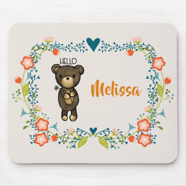 Cute Bear, Yellow Flower & Floral Wreath Mouse Mat (Front)