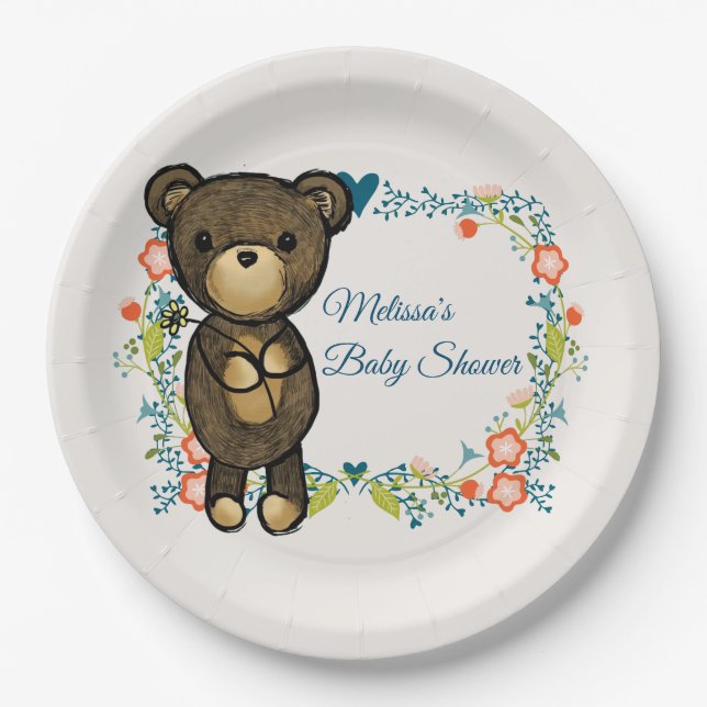 Cute Bear, Yellow Flower & Floral Wreath Paper Plate (Front)
