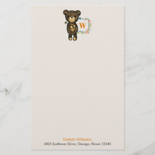 Cute Bear, Yellow Flower & Floral Wreath Stationery