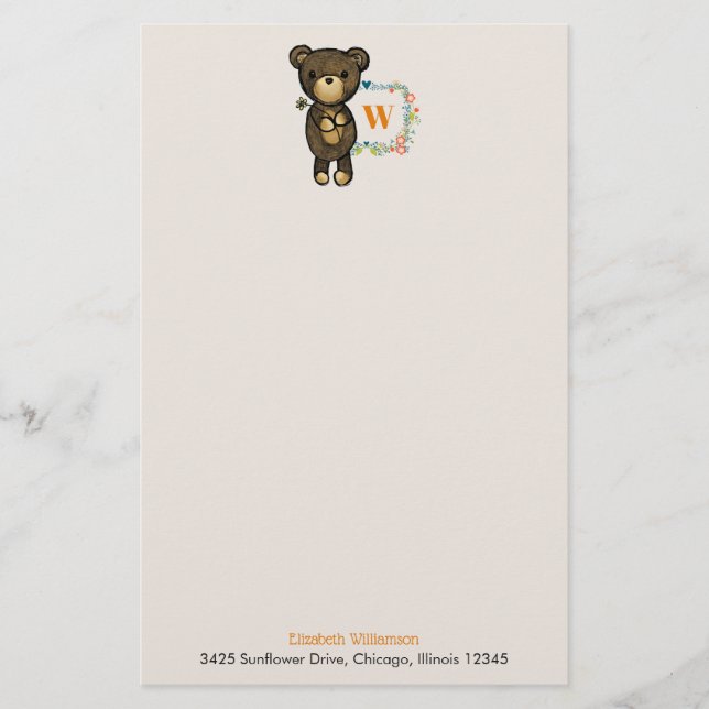 Cute Bear, Yellow Flower & Floral Wreath Stationery (Front)