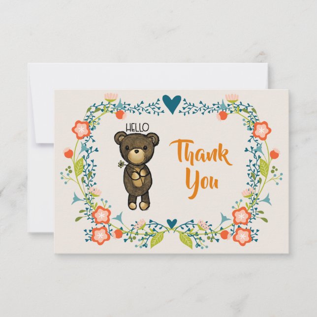 Cute Bear, Yellow Flower & Floral Wreath Thank You Card (Front)