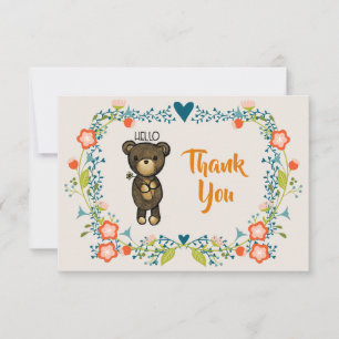 Cute Bear, Yellow Flower & Floral Wreath Thank You Card
