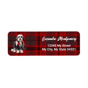 Cute Bearded Collie Sheepdog and Red Plaid Address
