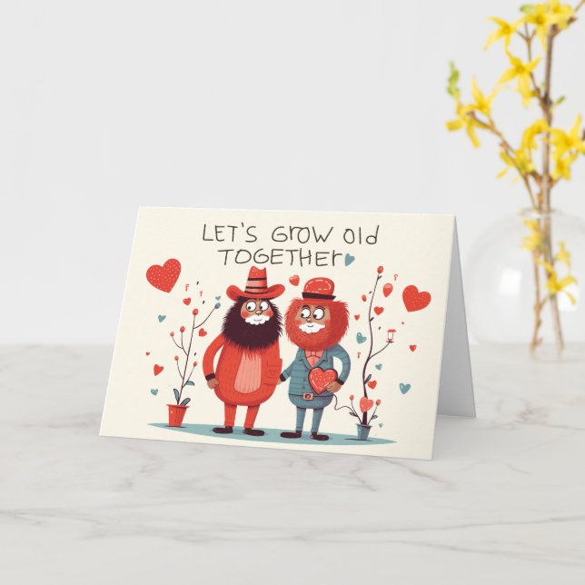 Cute Bearded Couple Let's Grow Old Together Valent Card (Yellow Flower)