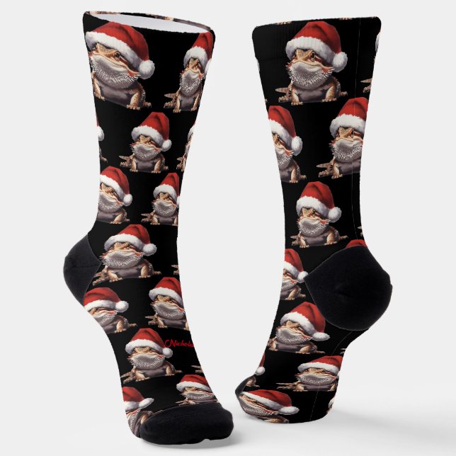 Cute Bearded Dragon and Santa Hat Black Socks (Angled)