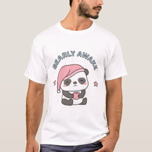 Cute Bearly Awake Sleepy Panda With Coffee and Nig T-Shirt