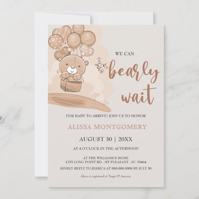 Cute Bearly Wait Balloons Beige Theme Baby Shower Invitation (Front)