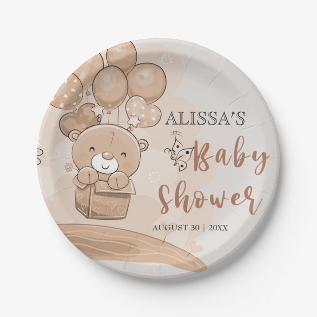 Cute Bearly Wait Balloons Beige Theme Baby Shower Paper Plate (Front)