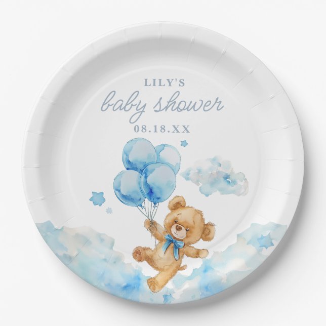 Cute Bearly Wait Blue Boy Baby Shower Paper Plate (Front)