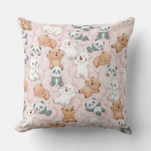 Cute Bears and Pandas on Pink Clouds Seamless Cushion