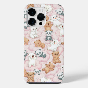 Cute Bears and Pandas on Pink Clouds Seamless iPhone 14 Pro Max Case