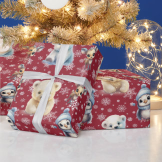 Cute Bears And Penguins Christmas Wrapping Paper