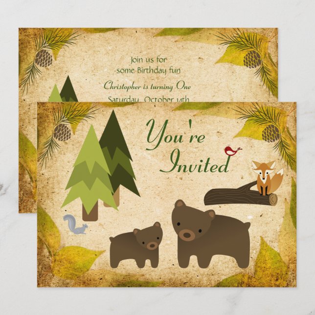 Cute Bears and Woodland Animals 1st Birthday Invitation (Front/Back)