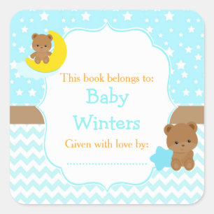 Cute Bears Boy with Star Baby Shower Bookplate Square Sticker