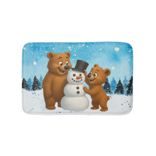 cute bears building a snowman bath mat