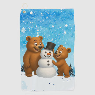 cute bears building a snowman golf towel