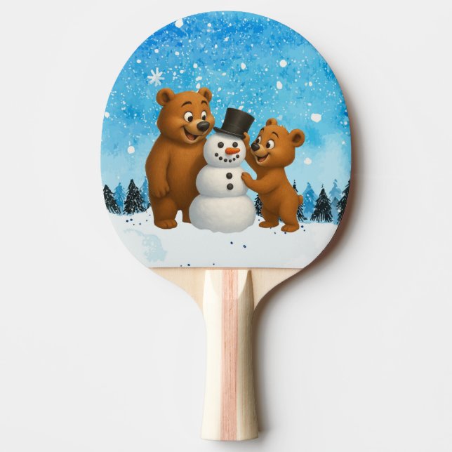 cute bears building a snowman ping pong paddle (Front)