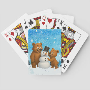 cute bears building a snowman playing cards