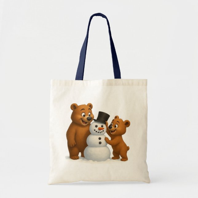 cute bears building a snowman tote bag (Front)