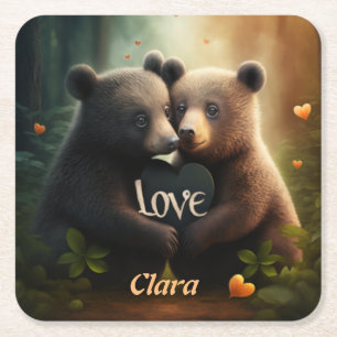 Cute bears in love hugging  square paper coaster