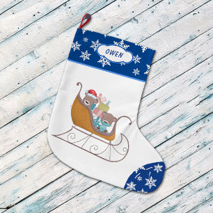 Cute Bears in Sleigh Blue Snowflake Large Christmas Stocking