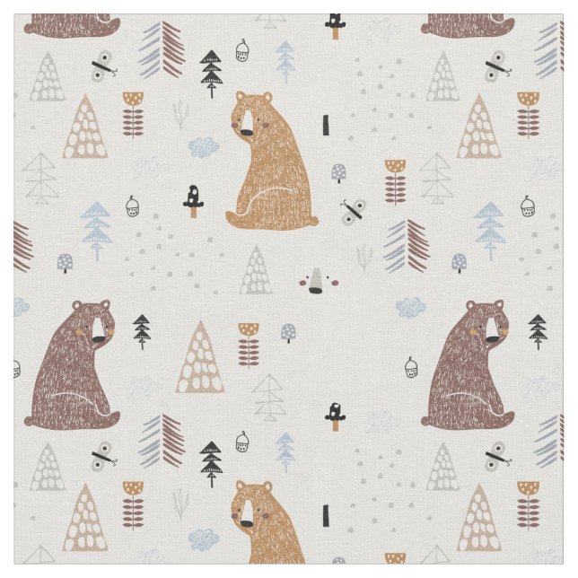 Cute Bears in the Woods Pattern Fabric (Close Up)