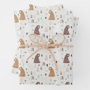 Cute Bears in the Woods Pattern Wrapping Paper Sheet