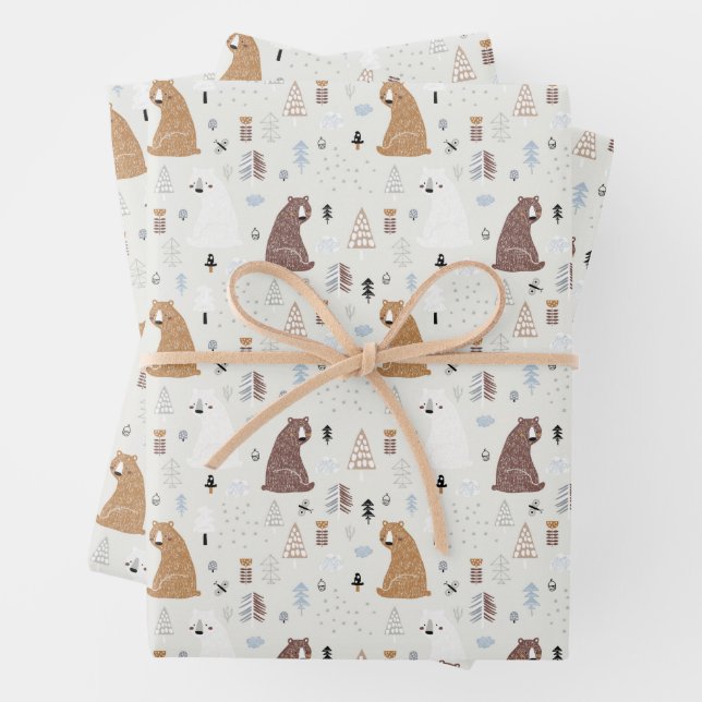 Cute Bears in the Woods Pattern Wrapping Paper Sheet (In situ)