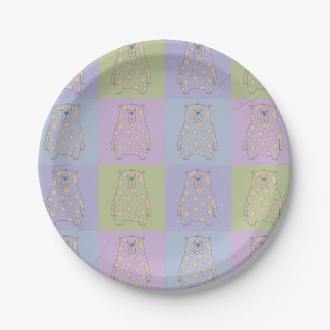 Cute Bears on Colourful Backgrounds with Cream Dot Paper Plate (Front)