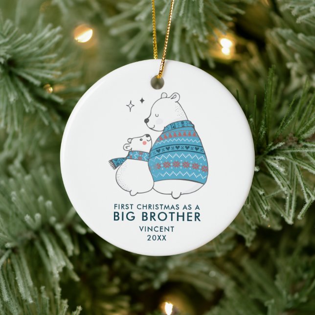Cute Bears Personalised First Xmas as Big Brother Ceramic Tree Decoration (Tree)