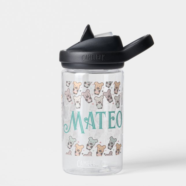 Cute Bears Treats Cartoon Kids Name Water Bottle (Left)
