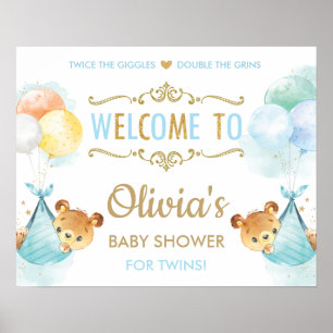 Cute Bears Twins Baby Boys Shower Welcome Sign