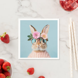 cute beautiful bunny with flowers and glasses napkin