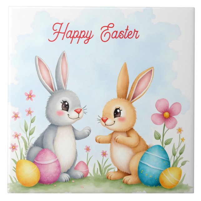 Cute Beautiful Easter Bunnies Modern Collection Tile (Front)
