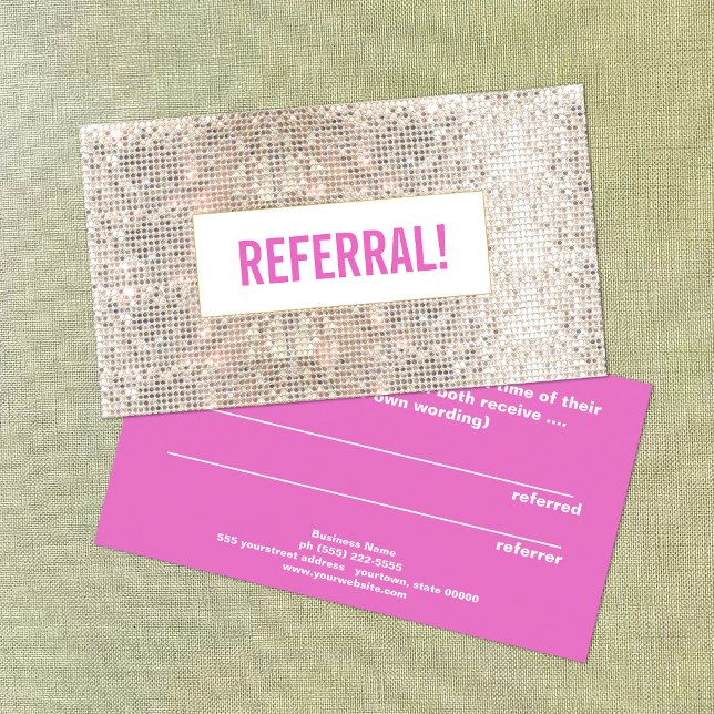 Cute Beauty Salon Referral Faux Silver Sequin Pink Card (Creator Uploaded)
