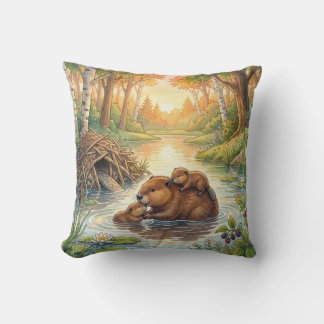 Cute Beaver And Babies River and Lake Animals Cushion