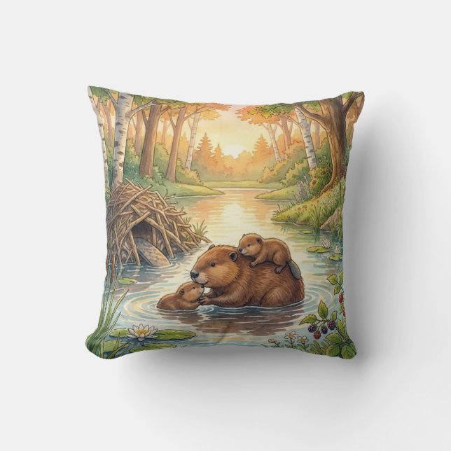 Cute Beaver And Babies River and Lake Animals  Cushion (Front)