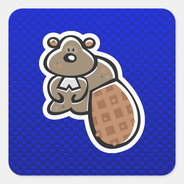 Cute Beaver; Blue Square Sticker (Front)