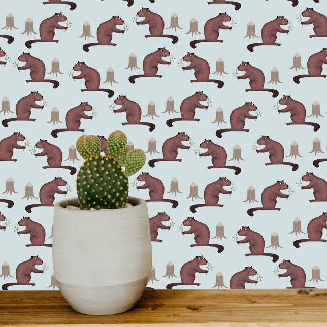 Cute Beaver Blue Wallpaper (Fun Beaver woodland forest pattern art wallpaper)