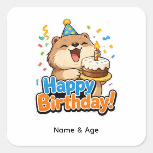 Cute Beaver& Cake Custom Birthday Party Favor Stic Square Sticker