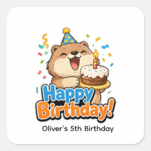 Cute Beaver& Cake Custom Birthday Party Favor Stic Square Sticker